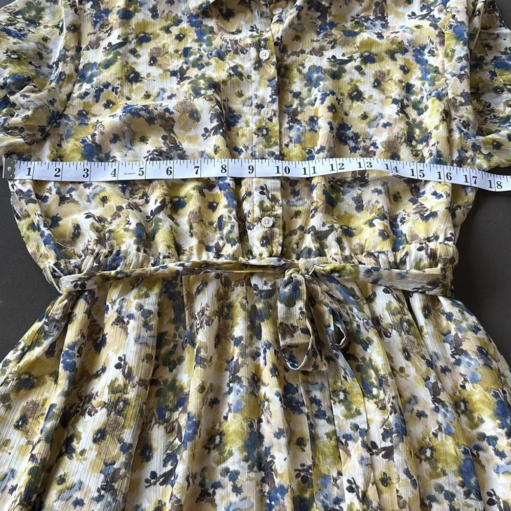 RW&Co Short Sleeved Button Down Chiffon Dress Floral Dress with Belt Sz L - Picture 9 of 11